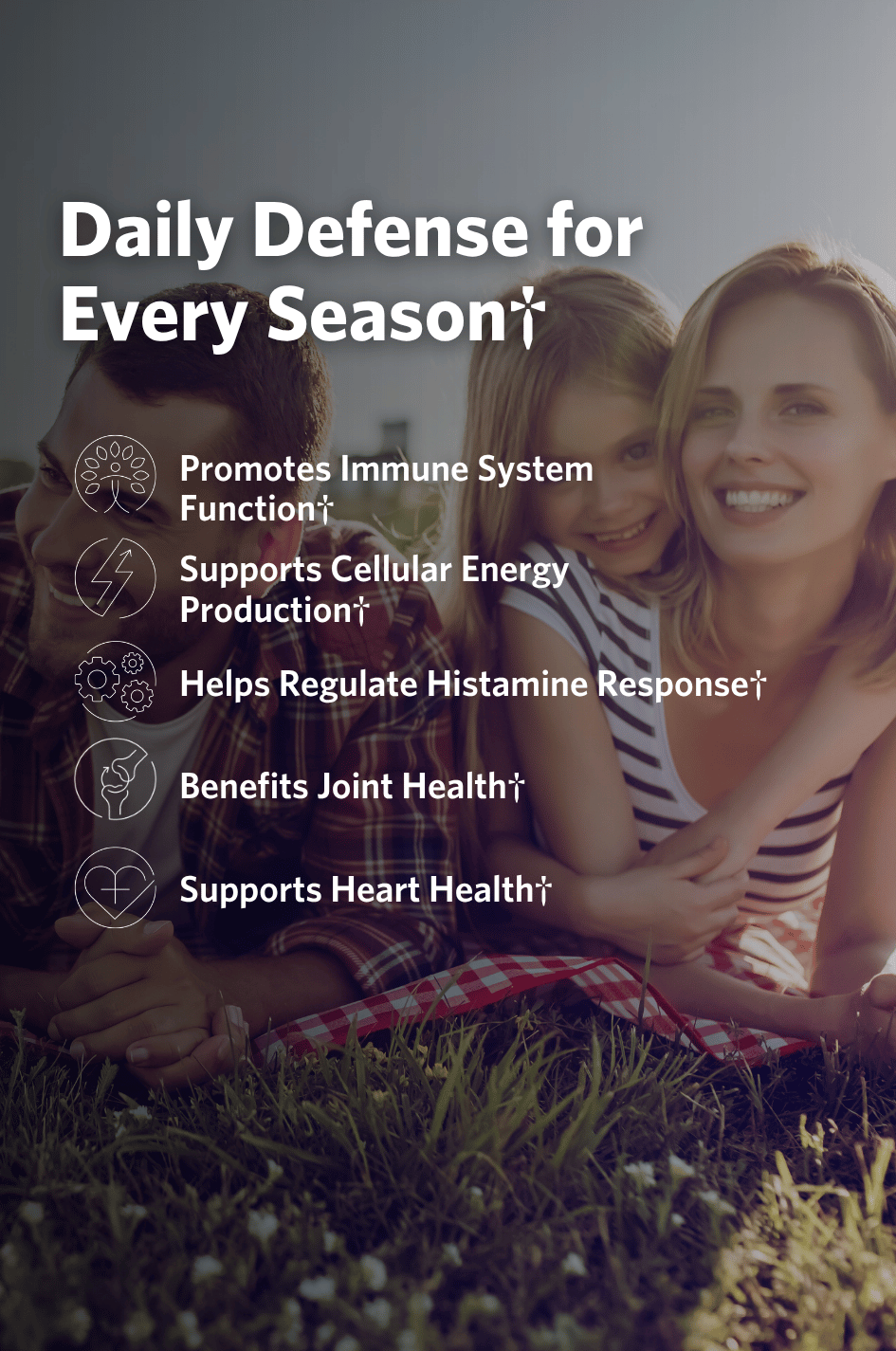 Family sitting on grass with text about Cooper Complete Quercetin Complex health benefits.