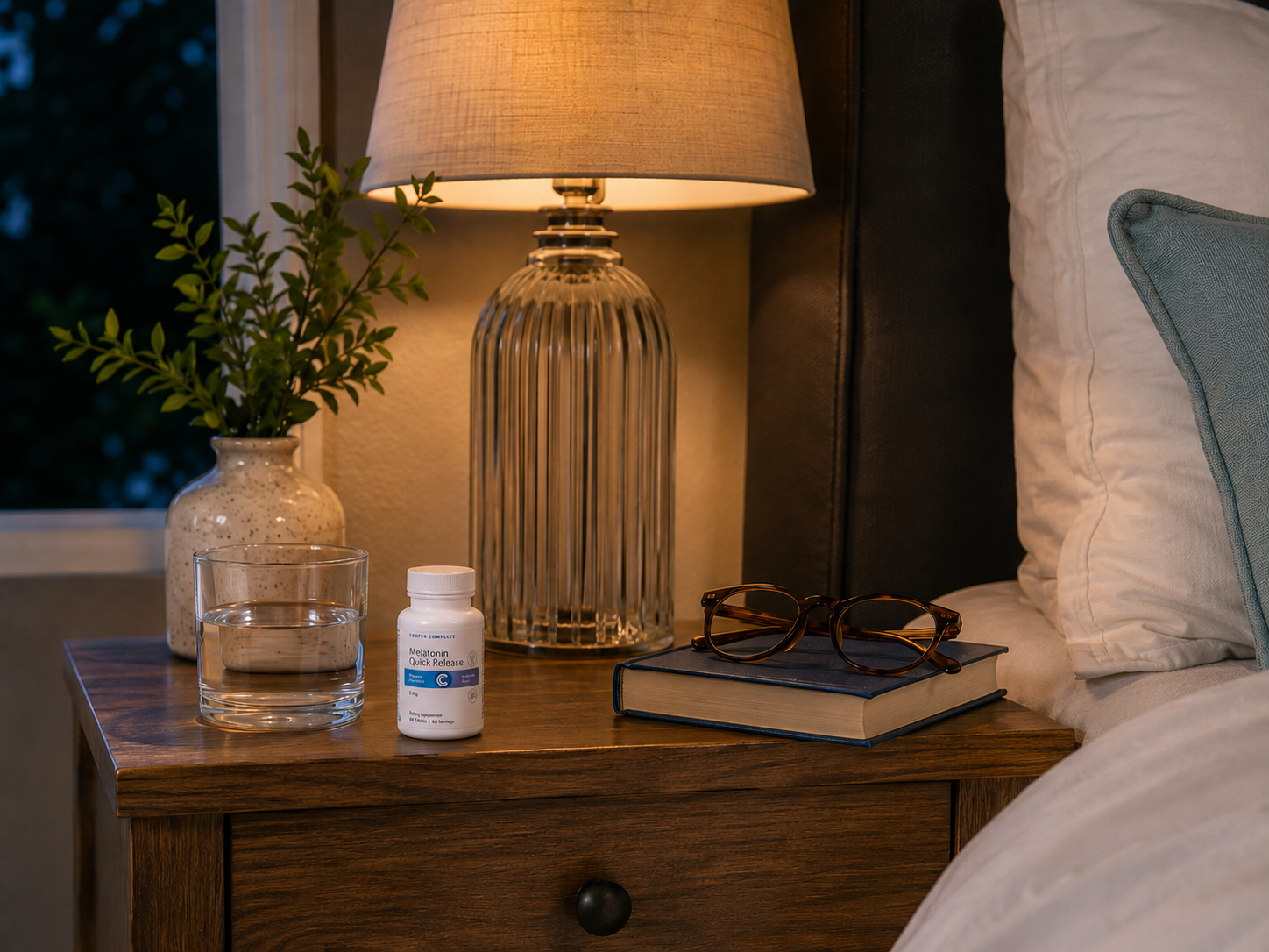 A bedside nightstand scene with a lit table lamp, a bottle of Cooper Complete Low Dose Melatonin supplements, a glass of water, a book with eyeglasses, and pillows on a bed in a warm bedroom setting.