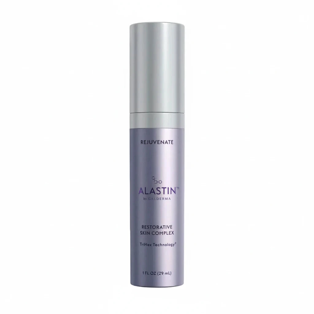 Bottle of Alastin Restorative Skin Complex with TriHex+ on white background.