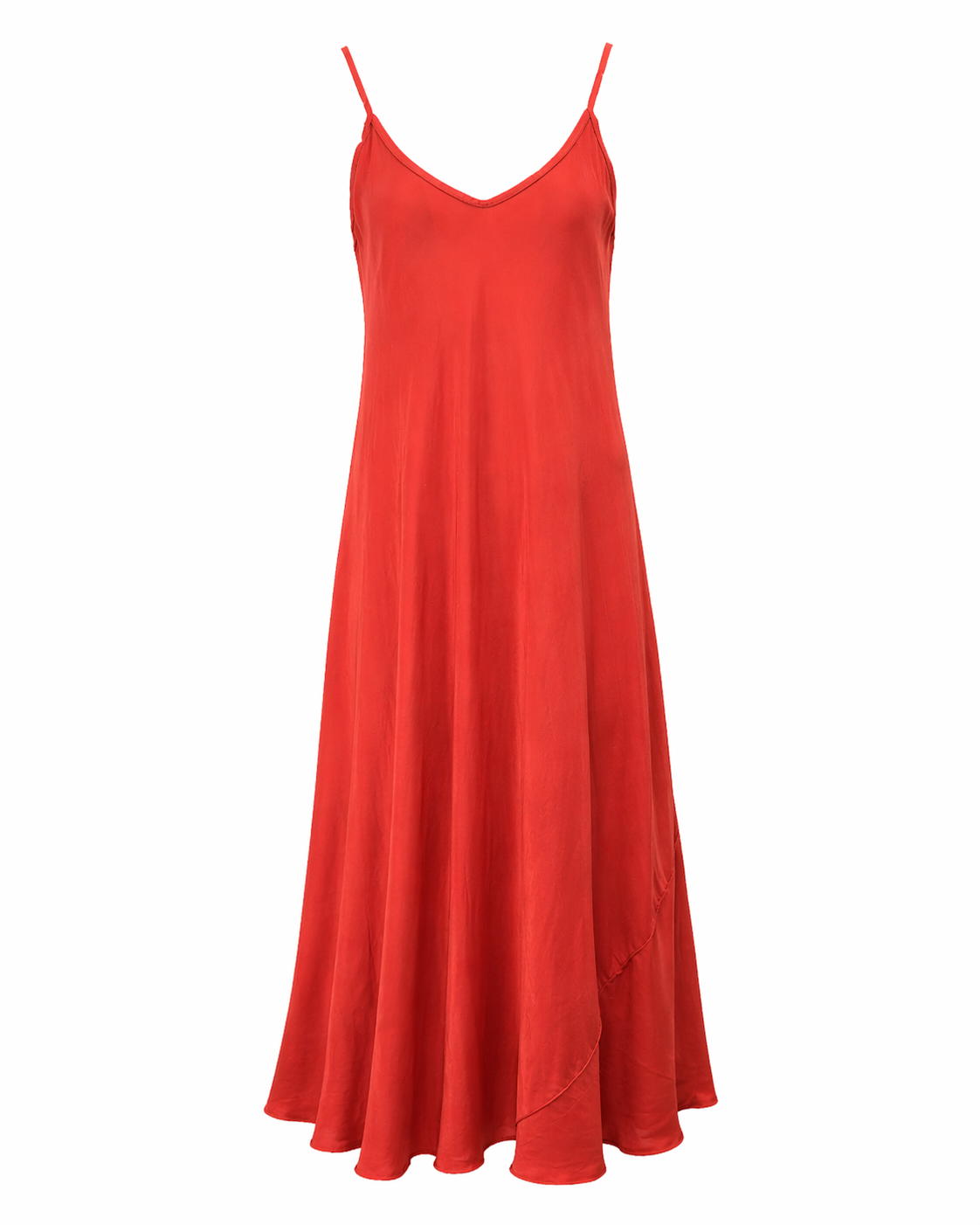Front view of the Be Fit Full Length Slip Dress in red with a full-length silhouette and spaghetti straps.