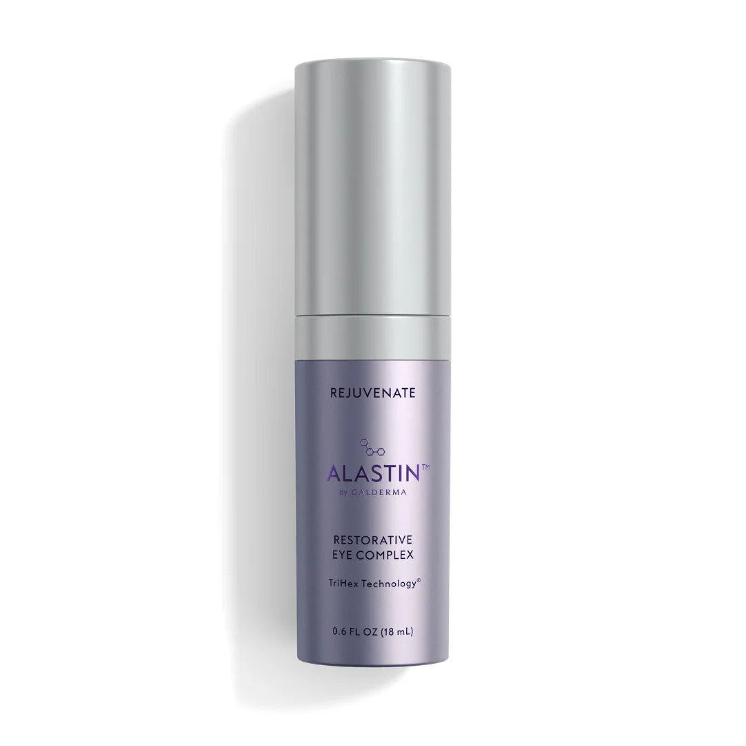 Bottle of Alastin Restorative Eye Complex with TriHex Technology to visibly reduce dark circles and fine lines on a white background. 