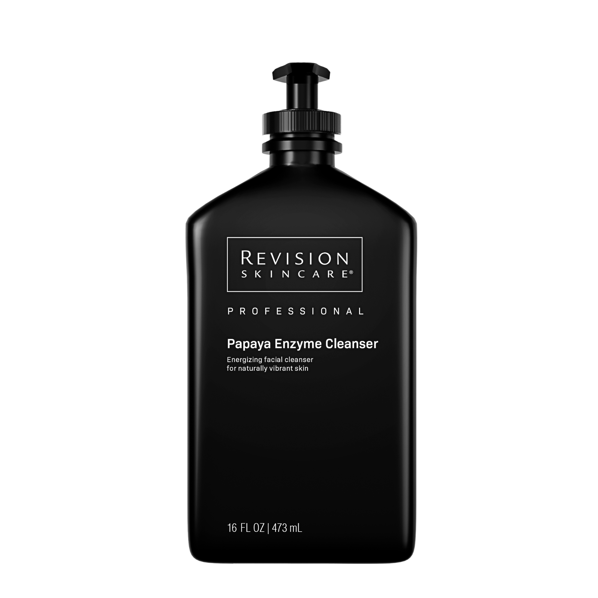 A black bottle of Revision Skincare Papaya Enzyme Cleanser for naturally vibrant skin, 16 fl oz.