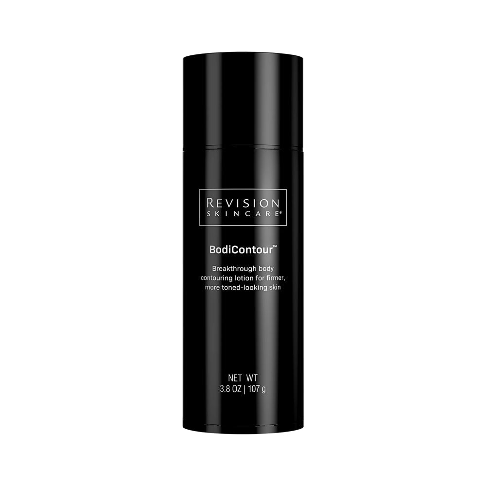 A black bottle of Revision Skincare BodiContour breakthrough body contouring lotion for firmer, more toned-looking skin, 3.8 oz.
