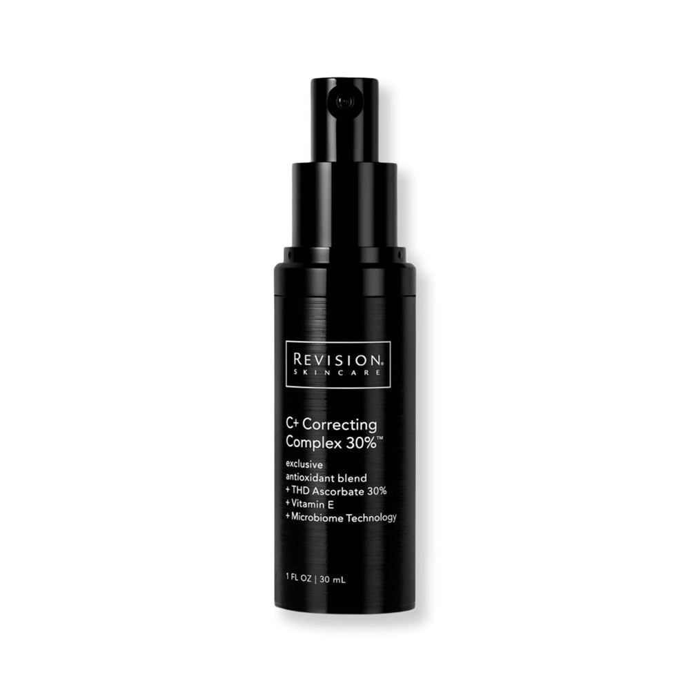 A black bottle of Revision Skincare C+ Correcting Complex 30%, exclusive antioxidant blend with THD ascorbate 30%, vitamin E, and microbiome technology, 1 fl oz.