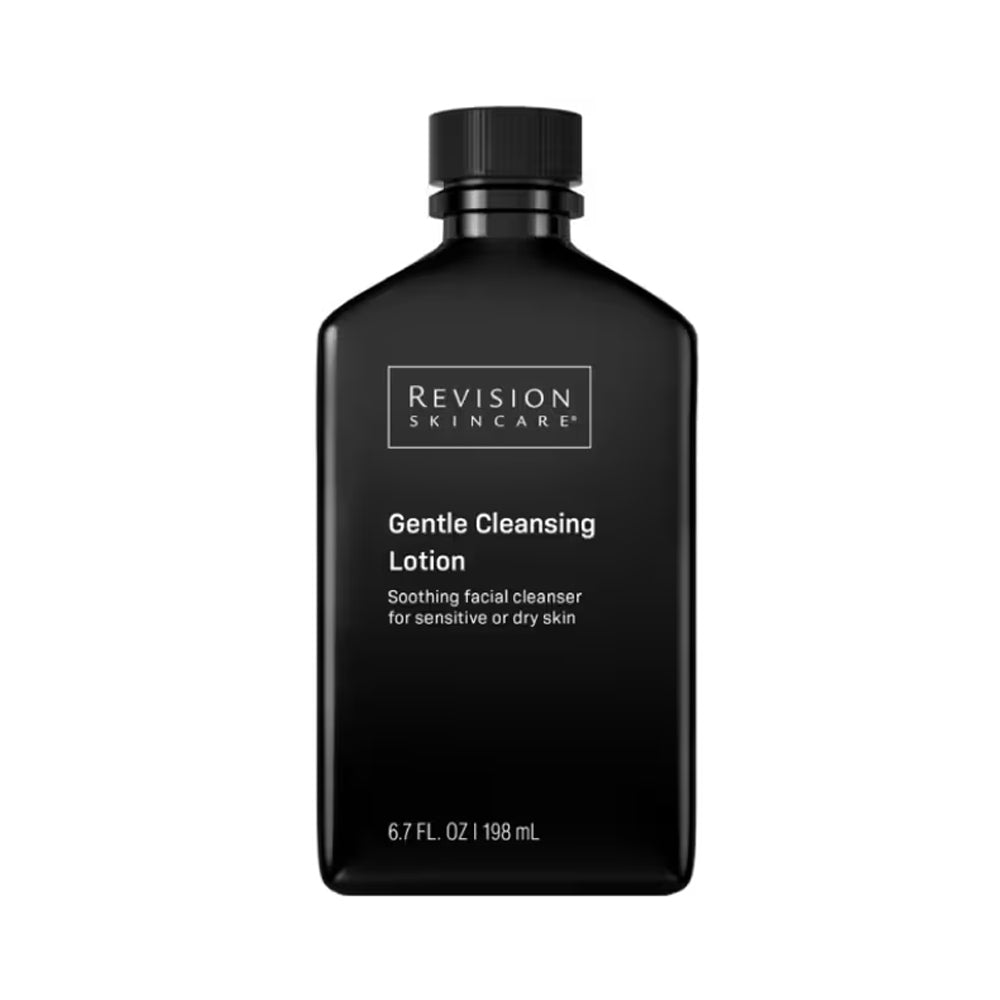 A black bottle of Revision Skincare Gentle Cleansing Lotion, soothing facial cleanser for sensitive or dry skin, 6.7 fl oz. 