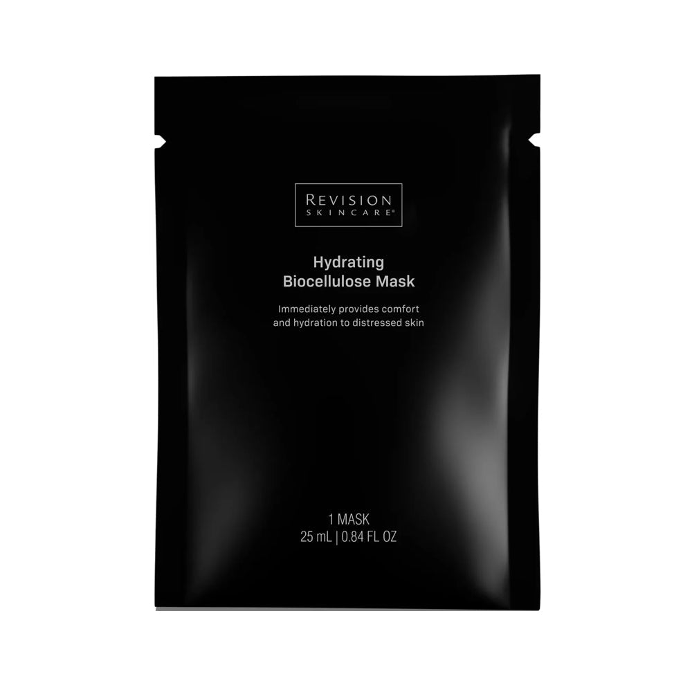A black single-use packet containing a Revision Skincare Hydrating Biocellulose Mask, immediately provides comfort and hydration to distressed skin, 0.84 fl oz.