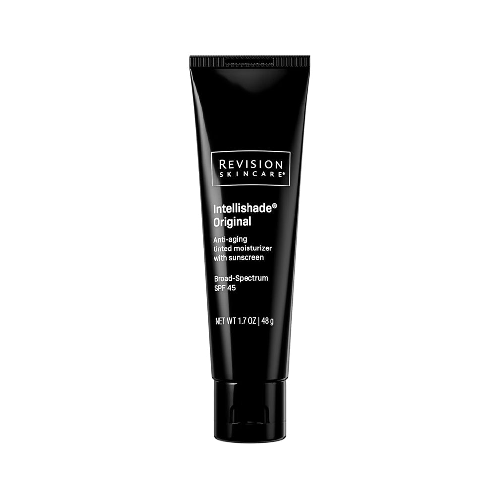 A black squeeze tube of Revision Skincare Intellishade Original anti-aging tinted moisturizer with broad-spectrum SPF 45 sunscreen, 1.7 oz. 