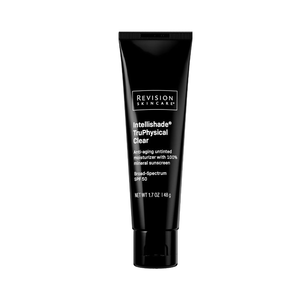 A black squeeze tube of Revision Skincare Intellishade TruPhsyical Clear anti-aging untinted moisturizer with 100% mineral broad-spectrum SPF 50 sunscreen, 1.7 oz.