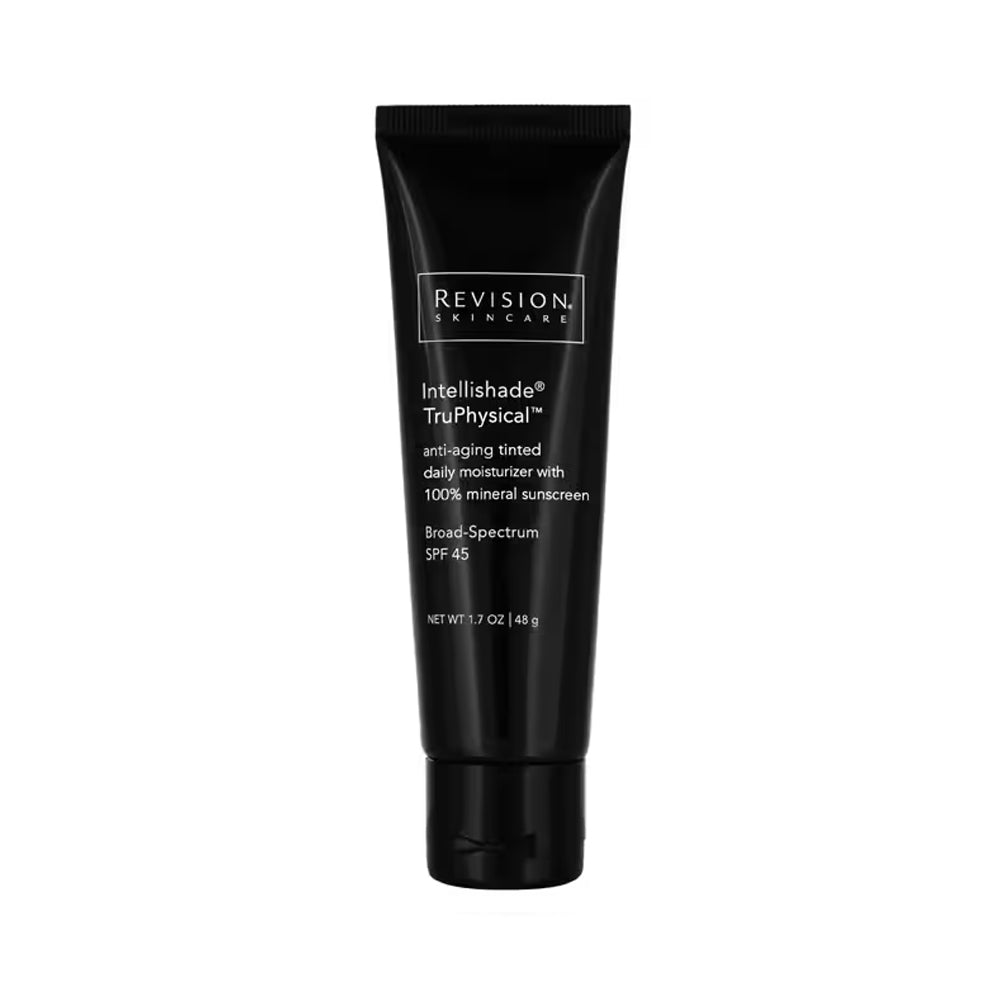 A black squeeze tube of Revision Skincare Intellishade TruPhysical anti-aging tinted daily moisturizer with 100% mineral broad spectrum SPF 45 sunscreen, 1.7 oz.