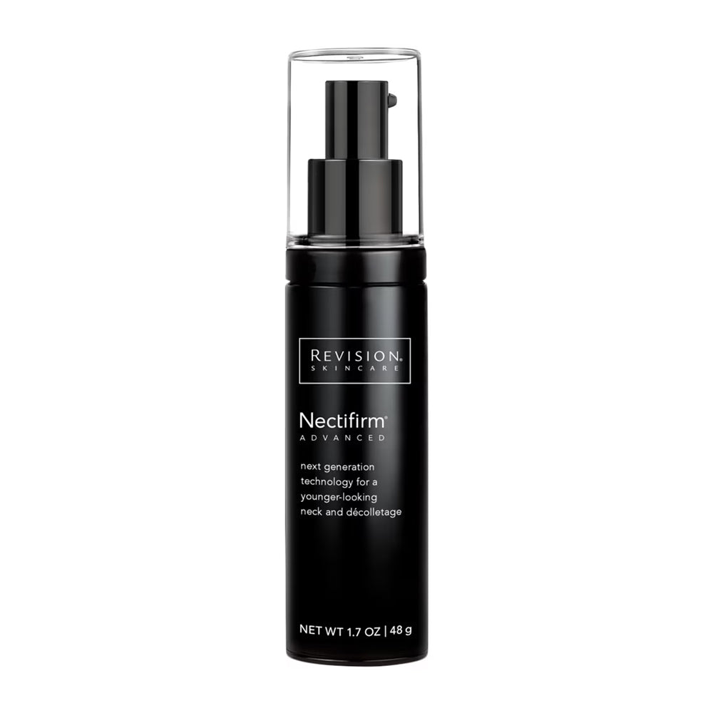A black bottle of Revision Skincare Nectifirm Advanced next generation technology for a younger-looking neck and décolletage, 1.7 oz.