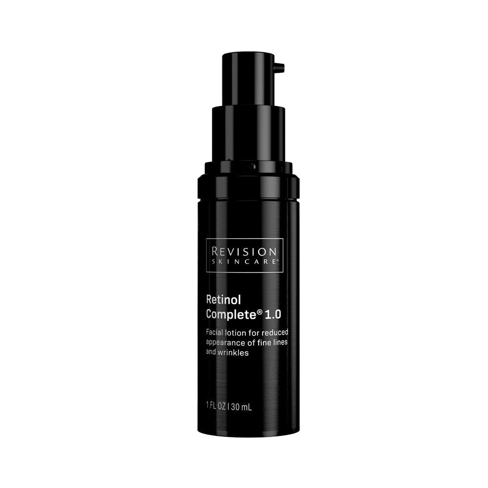 A black dispenser pump bottle of Revision Skincare Retinol Complete 1.0 facial lotion for reduced appearance of fine lines and wrinkles, 1 fl oz.