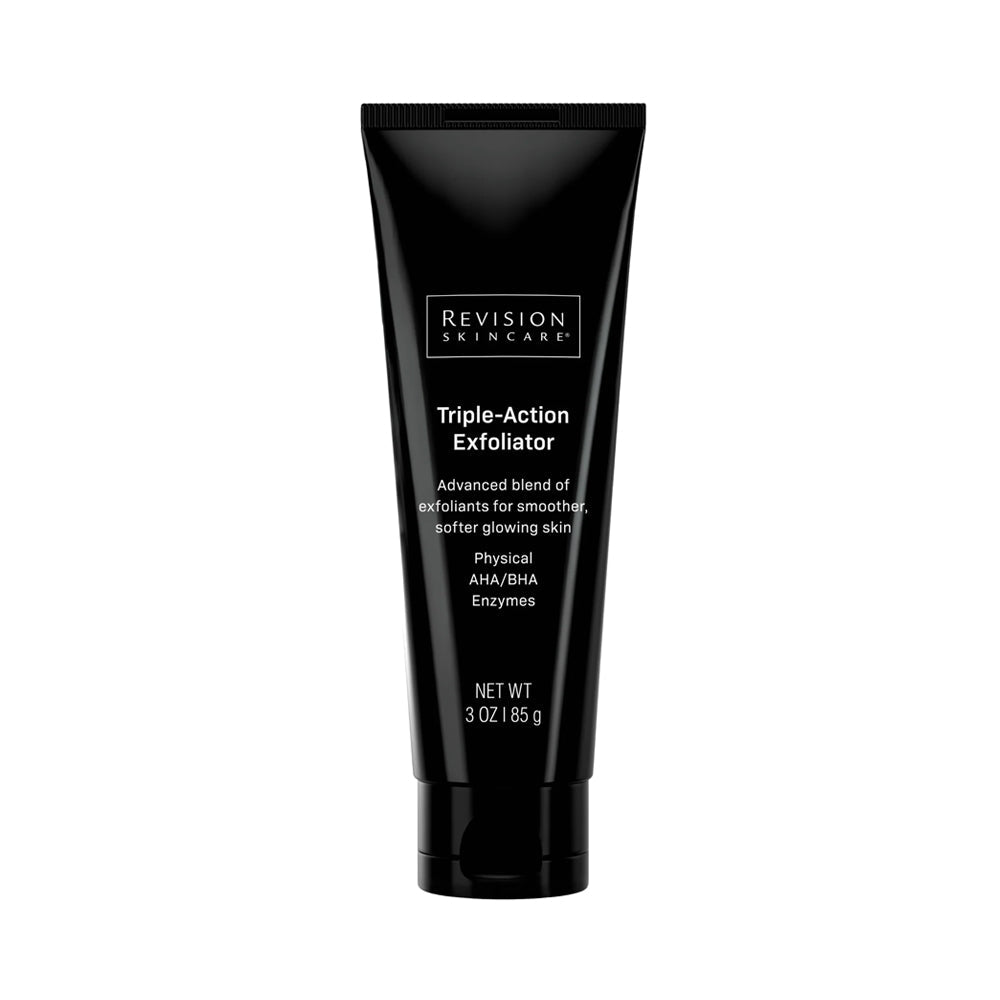 A black squeeze tube of Revision Skincare Triple-Action Exfoliator, an advanced blend of exfoliants for smoother, softer glowing skin with physical, AHA/BHA, and enzyme exfoliants, 3 oz. 