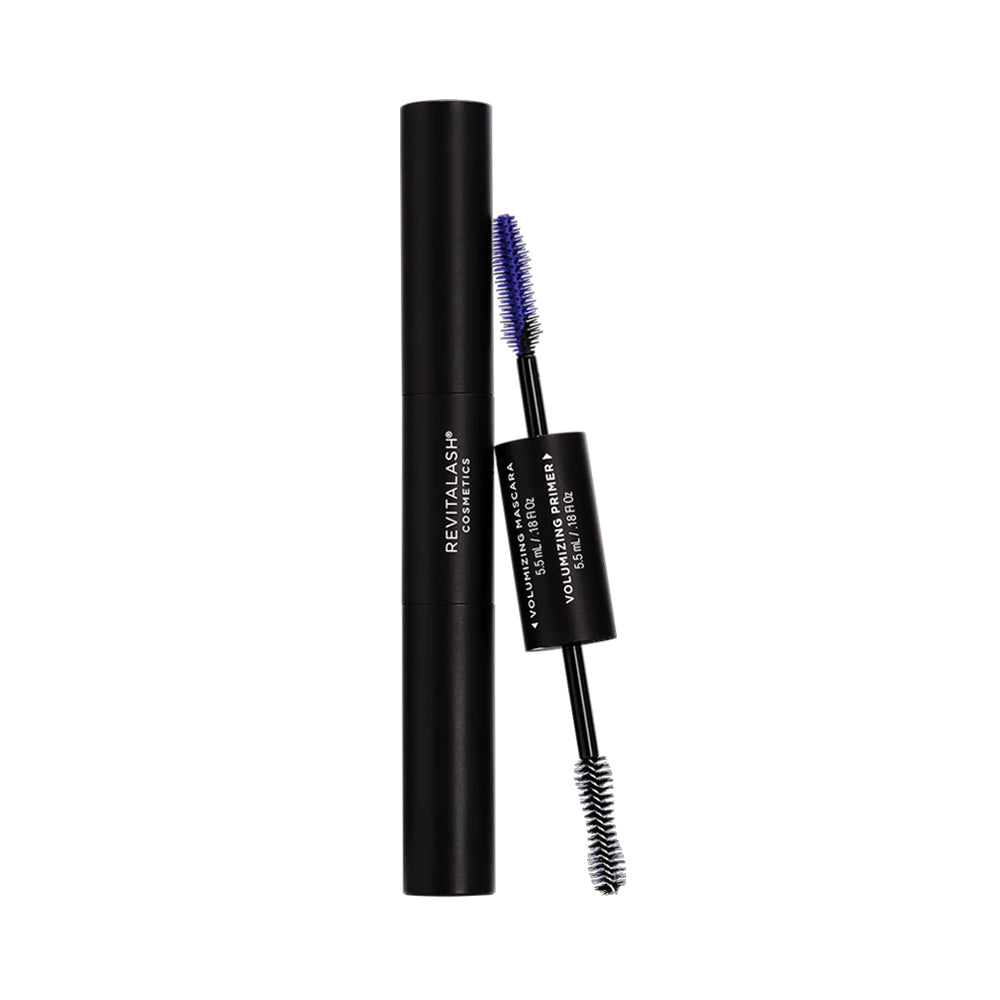 A black tube of Revitalash Cosmetics double-ended volumizing primer and mascara, 1.8 fl oz. 