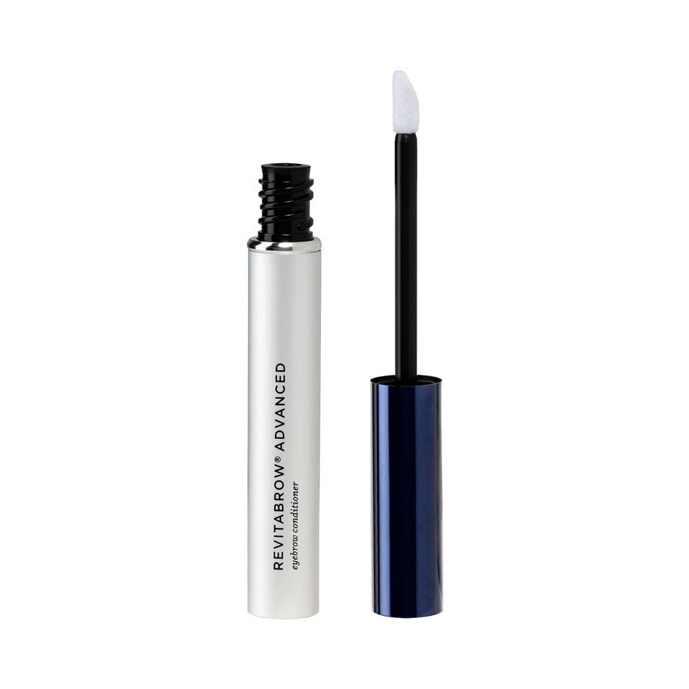 A white tube of RevitaLash RevitaBrow Advanced eyebrow conditioner with a blue metallic lid and white applicator. 