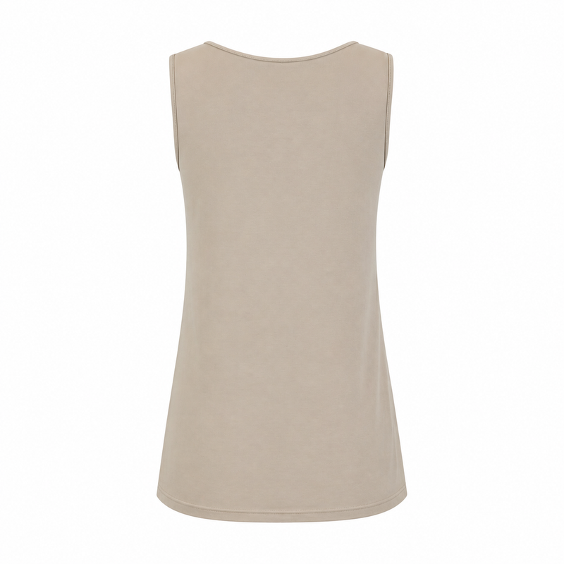 Be Fit silky Beige tank top back view on a white background