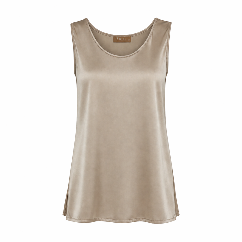 Be Fit silky Beige tank top front view on a white background
