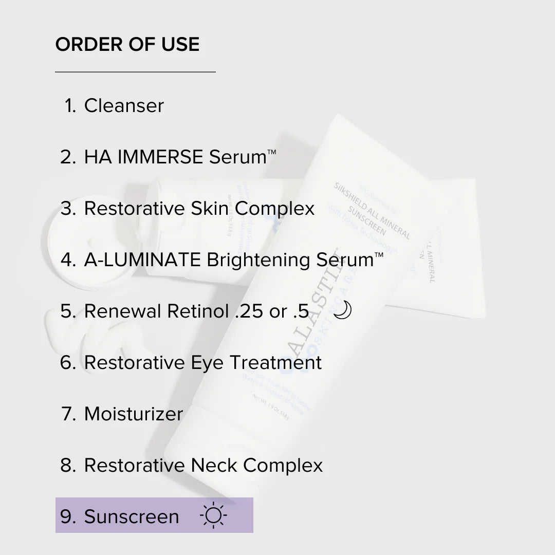 Order of use of Alastin products with ninth step Sunscreen (SilkSHIELD All Mineral SPF 30) highlighted for powerful protection. 