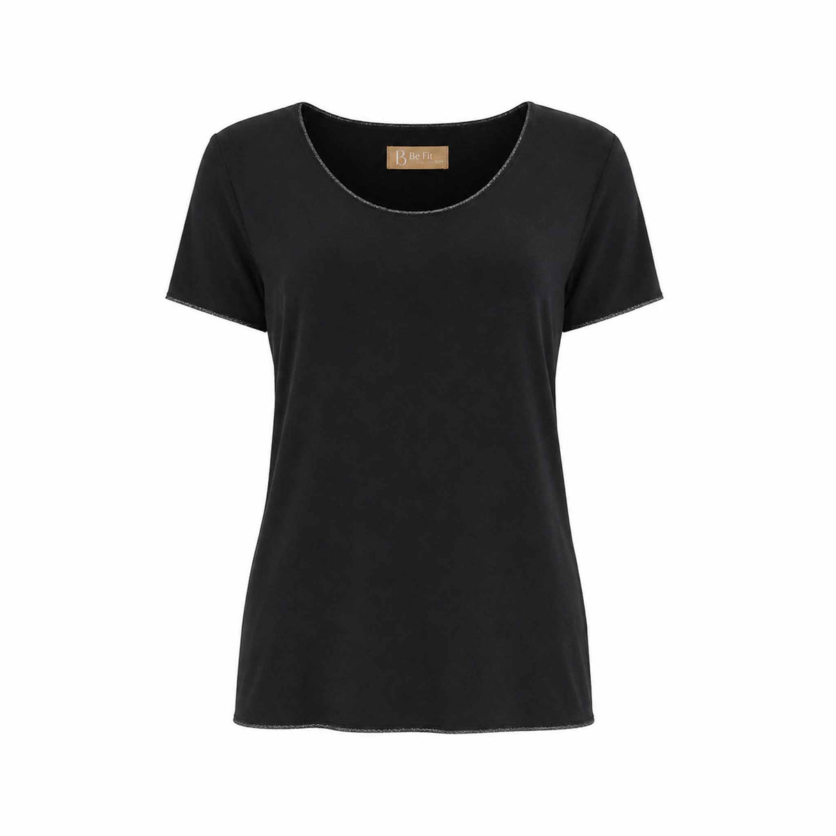 Front view of the black short-sleeve tee with a scoop neckline and metallic lurex trim along the neckline, sleeves and hem.
