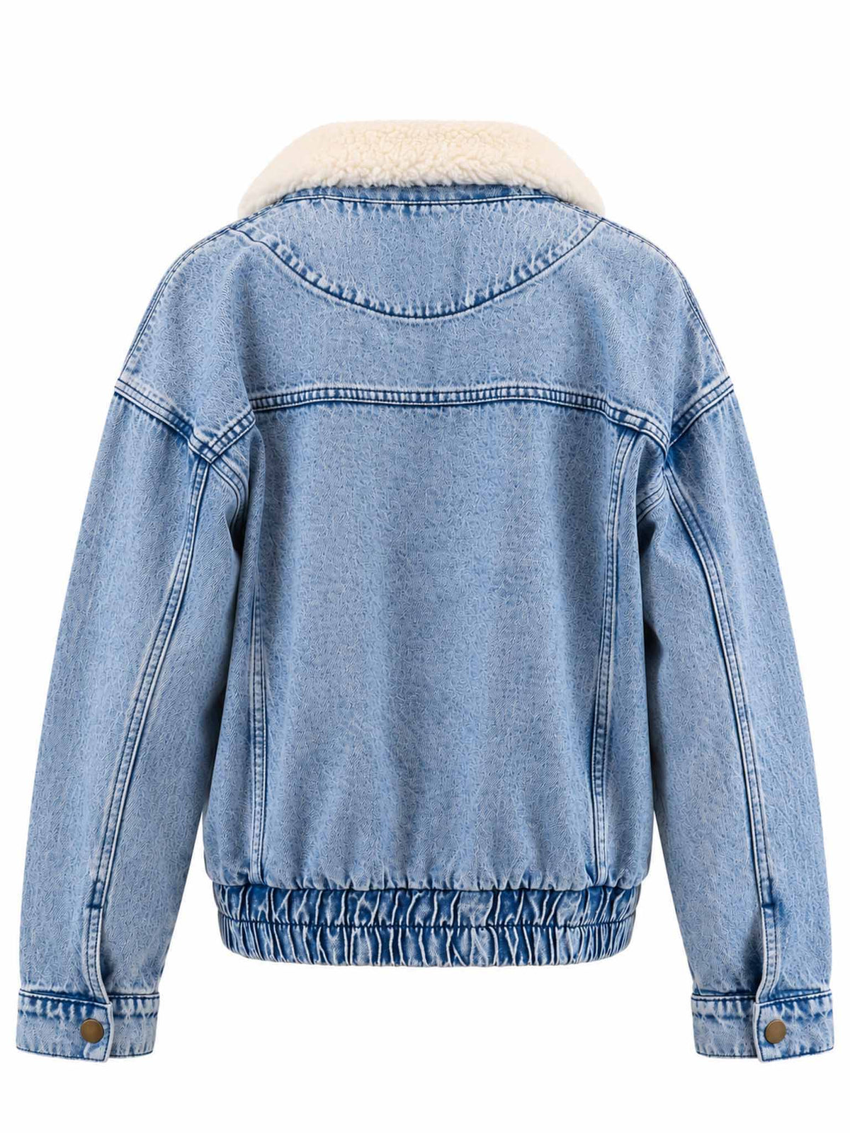 Back view of Be Fit women's Sherpa Collar Oversized Denim Jacket in Medium Denim. 