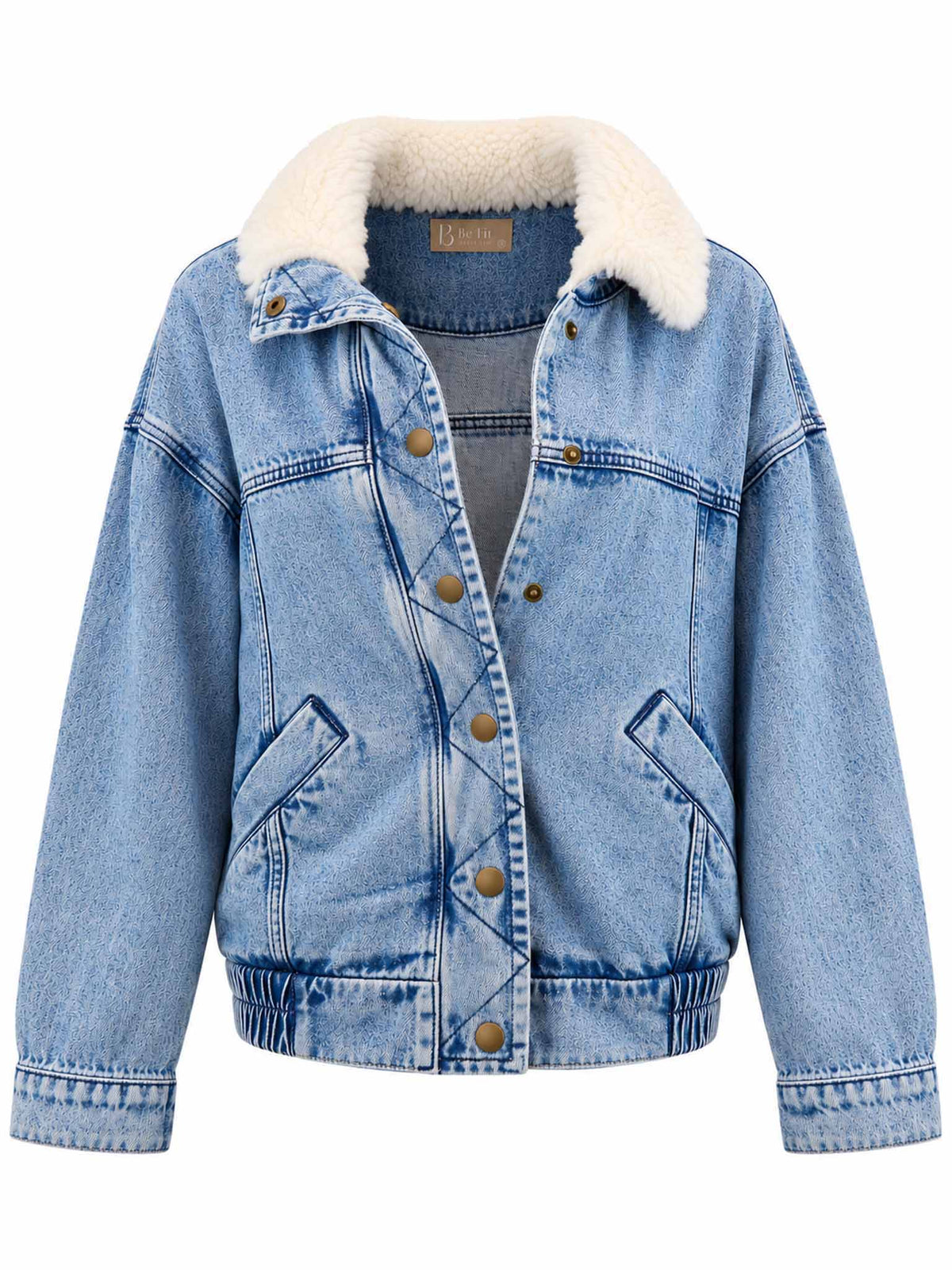 Front view of Be Fit women's Sherpa Collar Oversized Denim Jacket in Medium Denim. 