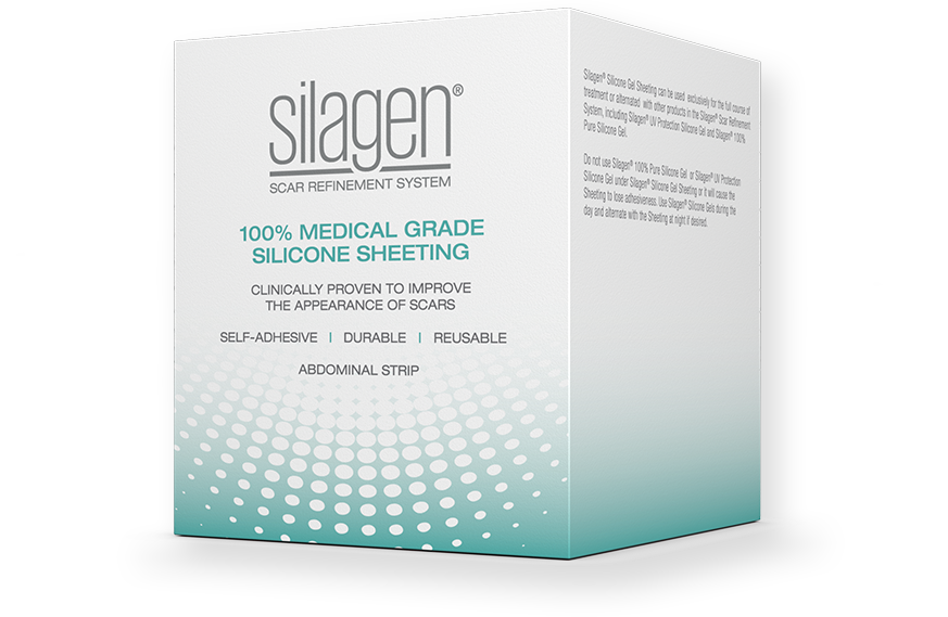 Silagen Scar Refinement System 100% Medical Grade Silicone Sheeting box, featuring a white and teal design with a dotted gradient pattern on the bottom.