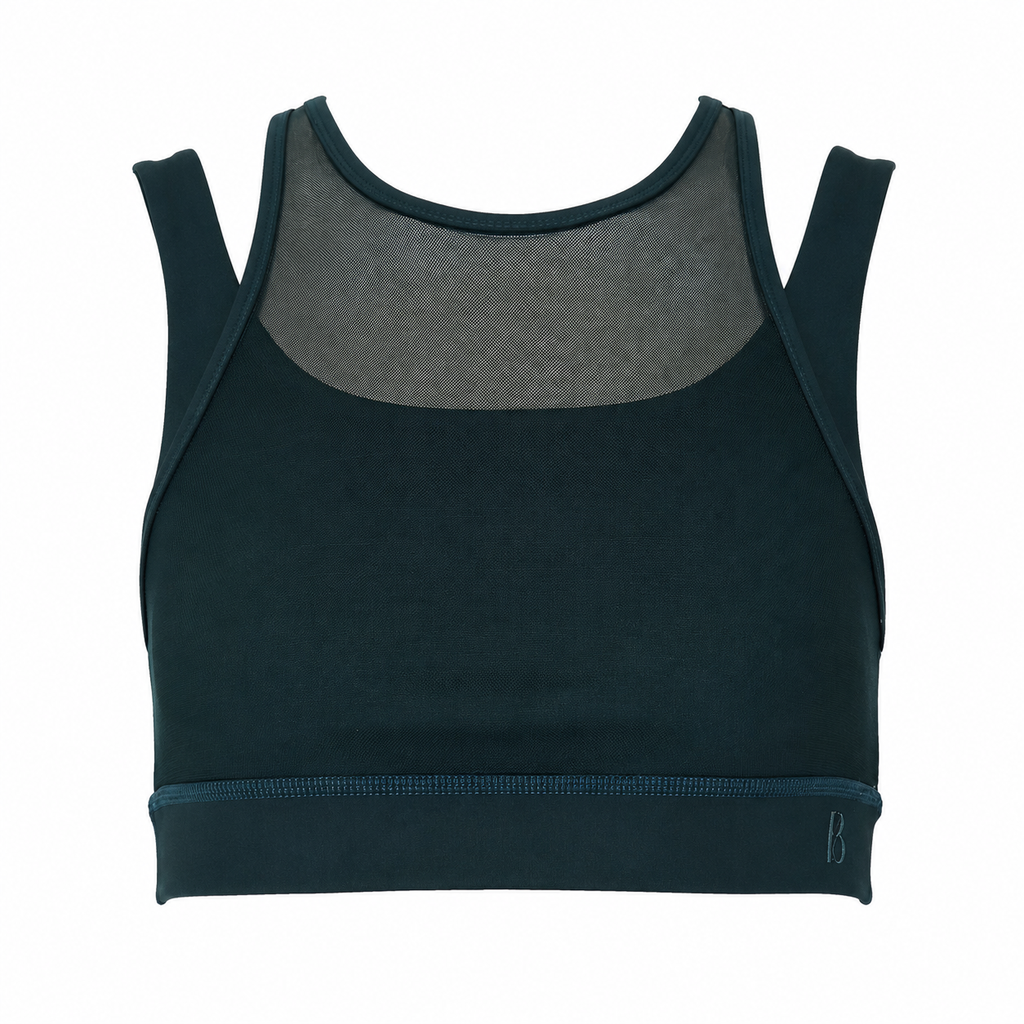 Front view of the Be Fit x Glee Botanic Green Siren Lift Sports Bra with layered shoulder straps, a sheer mesh neckline and a wide band.