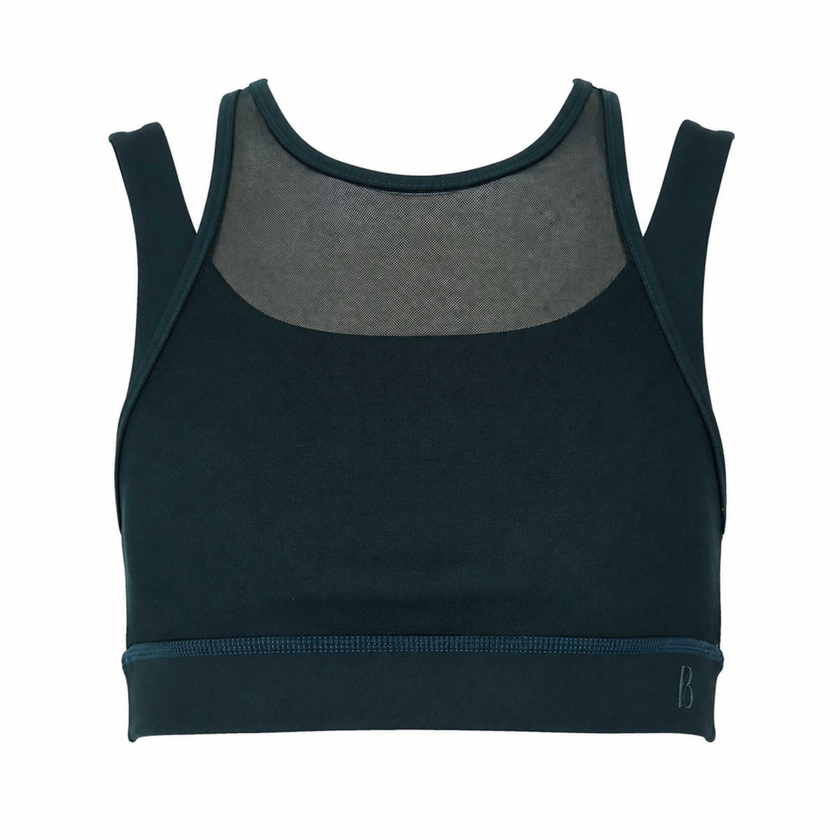 Front view of the Be Fit x Glee Botanic Green Siren Lift Sports Bra with layered shoulder straps, a sheer mesh neckline and a wide band.