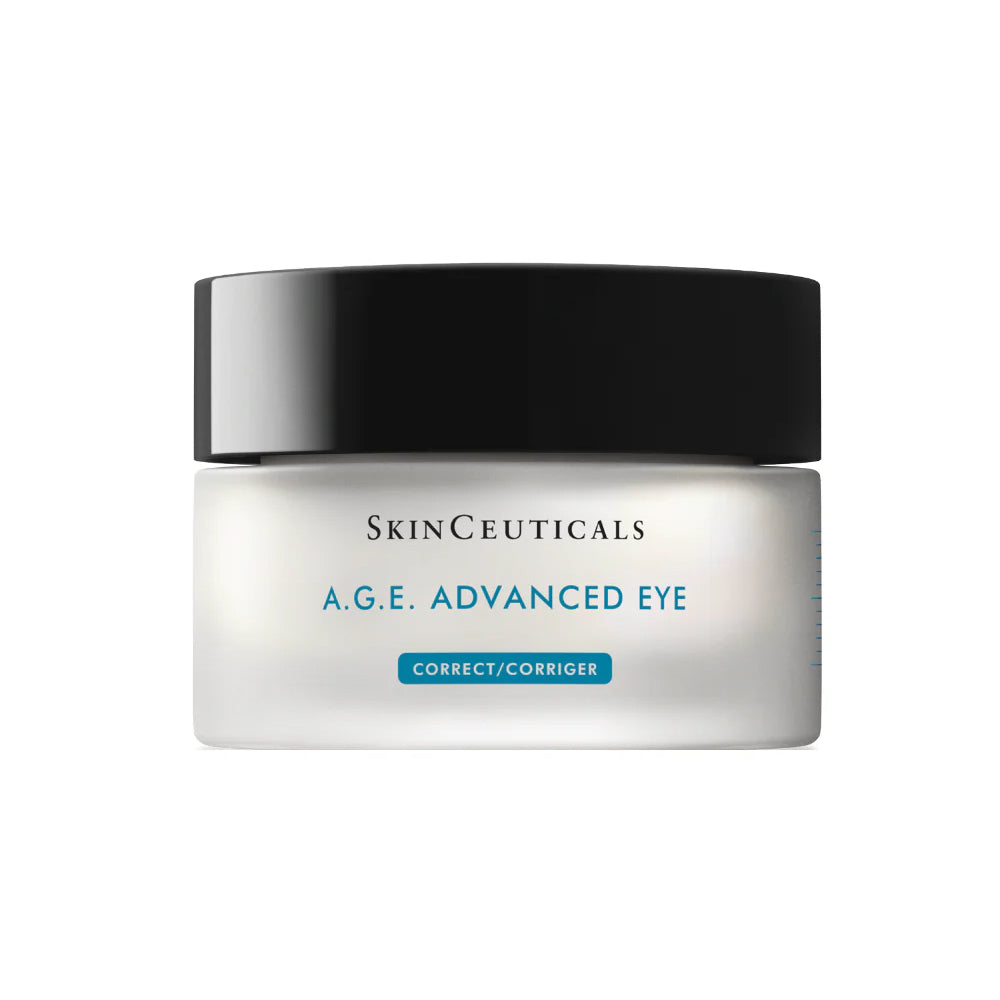 SkinCeuticals A.G.E. Advanced Eye Correct cream jar with a black lid and white body on a white background.