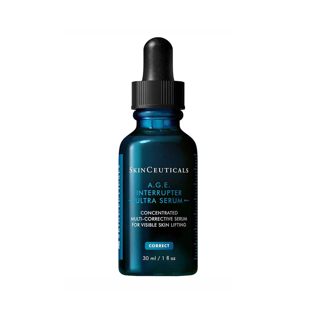 SkinCeuticals A.G.E. Interrupter Ultra Serum in a dark glass bottle with dropper top.