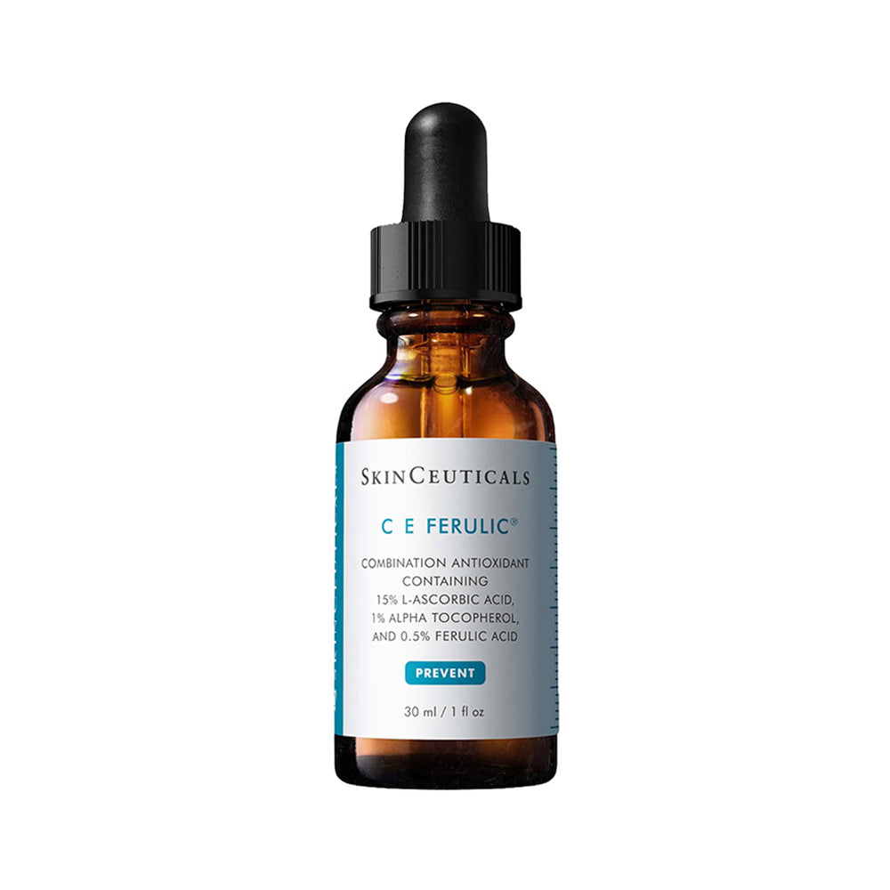SkinCeuticals CE Ferulic antioxidant serum in an amber glass dropper bottle with a black dropper cap and a white label with light blue accents, on a plain white background.