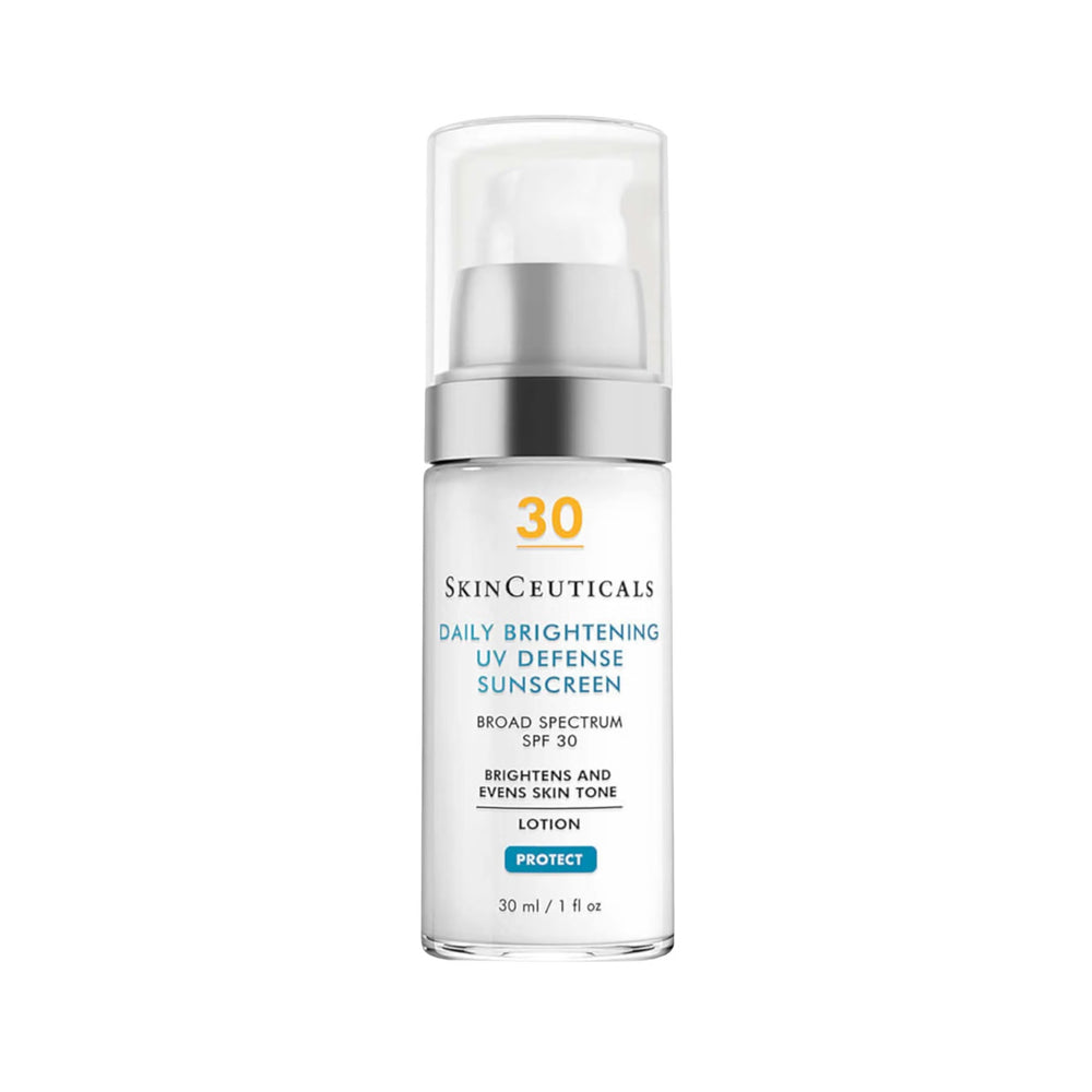 SkinCeuticals Daily Brightening UV Defense Sunscreen Broad Spectrum SPF 30 Lotion in a clear pump bottle with a white label and silver collar, shown on a plain white background.