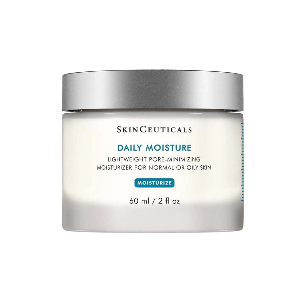 SkinCeuticals Daily Moisture Lightweight Pore-Minimizing Moisturizer for Normal or Oily Skin in a 60 ml (2 fl oz) white jar with a metallic silver lid, shown on a plain white background.