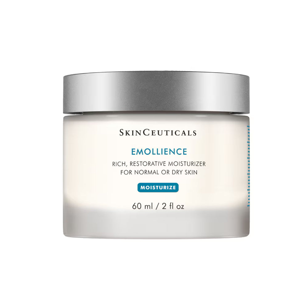 SkinCeuticals Emollience Rich Restorative Moisturizer for Normal or Dry Skin in a 60 ml (2 fl. oz.) jar with a silver lid and white label, on a white background.