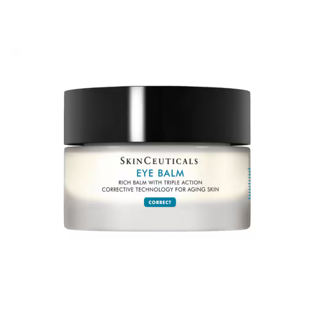 SkinCeuticals Eye Balm in a round white jar with a black lid.