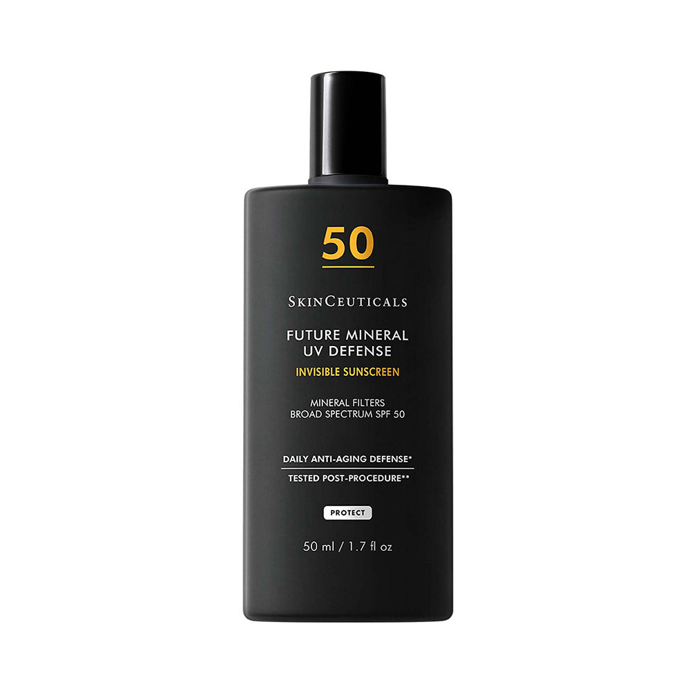 A black bottle of SkinCeuticals Future Mineral UV Defense Invisible Sunscreen SPF 50, featuring gold and white text on a clean white background.
