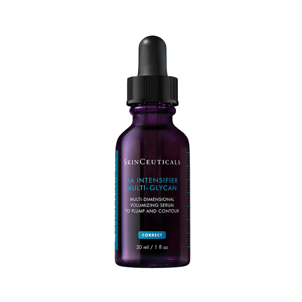 SkinCeuticals Hyaluronic Acid Intensifier Multi-Glycan serum in a dark purple glass dropper bottle with a black cap, on a white background.