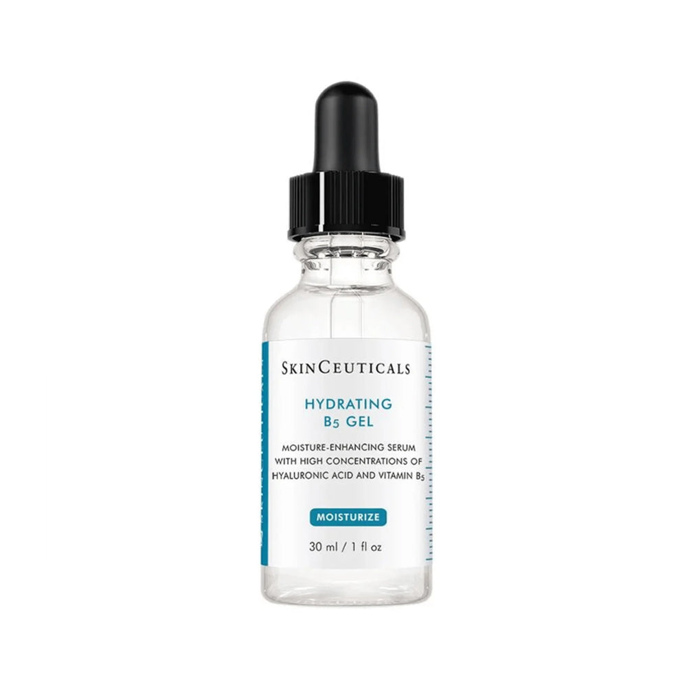 SkinCeuticals Hydrating B5 Gel in a 30 ml (1 fl. oz.) clear glass dropper bottle with a black cap and white label, on a white background.