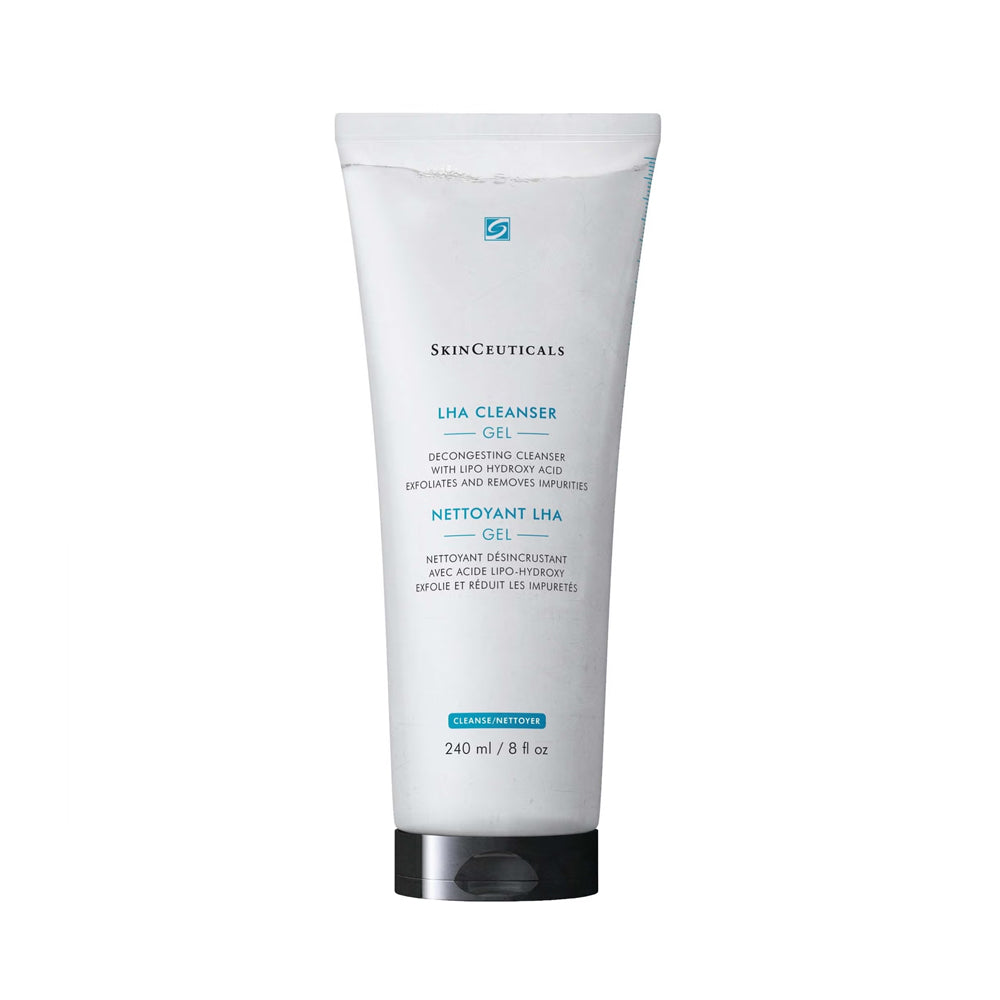 A 240 ml (8 fl oz) white squeeze tube of SkinCeuticals LHA Cleanser Gel with a black cap, shown on a plain white background.