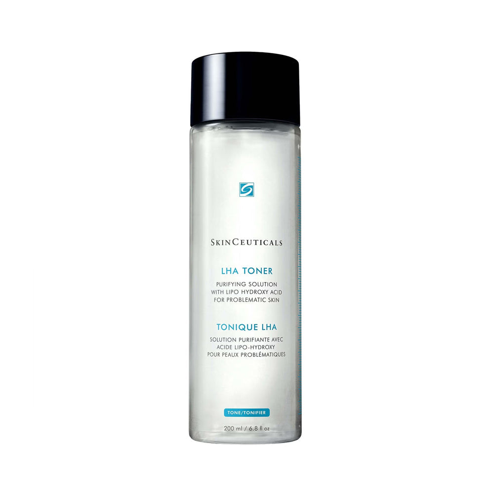 SkinCeuticals LHA Toner in a clear cylindrical bottle with a black cap, shown on a plain white background.