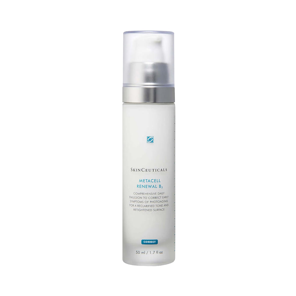 SkinCeuticals Metacell Renewal B3 Comprehensive Daily Emulsion to Correct Early Symptoms of Photoaging for a reclarified Tone and retightened surface in a 50 ml white pump bottle with a clear cap and silver collar, on a white background.