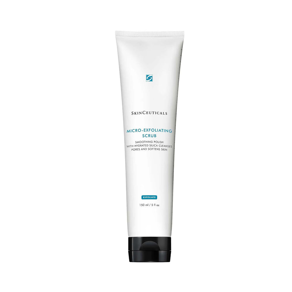 A 150 ml white squeeze tube of SkinCeuticals Micro-Exfoliating Scrub with a black cap, centered on a plain white background.