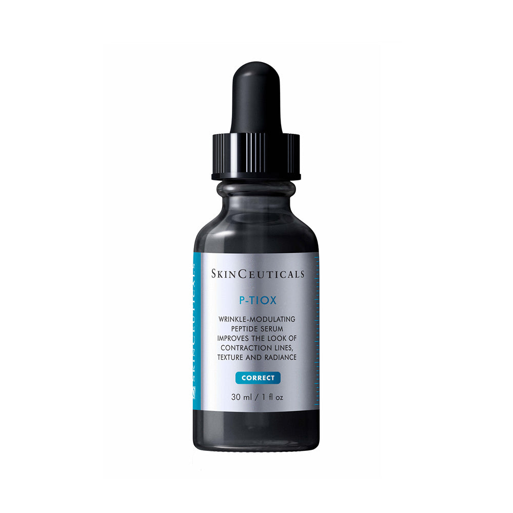 SkinCeuticals P-TIOX glass serum bottle with a silver label on a white background