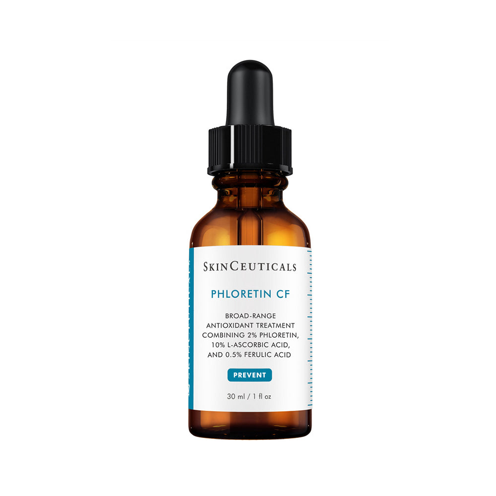SkinCeuticals Phloretin CF skincare serum in an amber glass dropper bottle with a white and blue label, set against a plain white background.