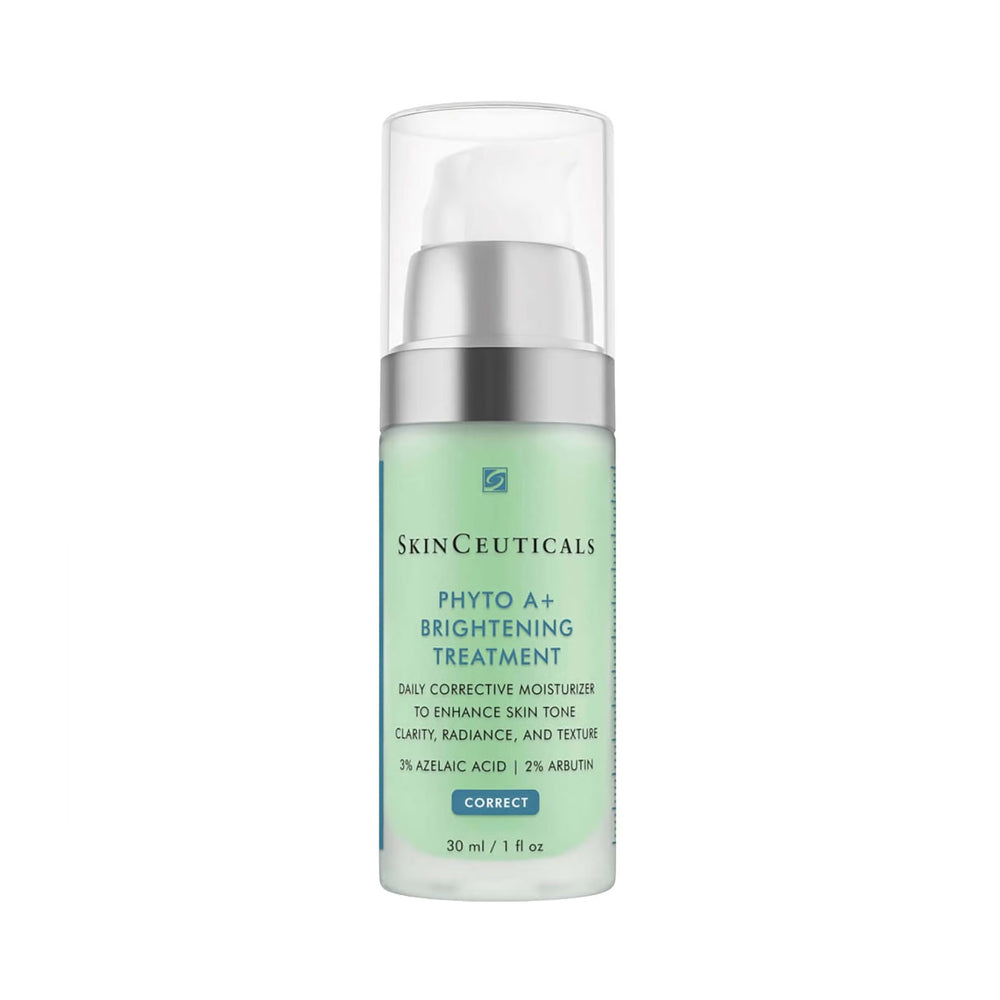 SkinCeuticals Phyto A+ Brightening Treatment in a 30 ml glass bottle with a pale mint green label, silver pump, and clear cap, on a white background.