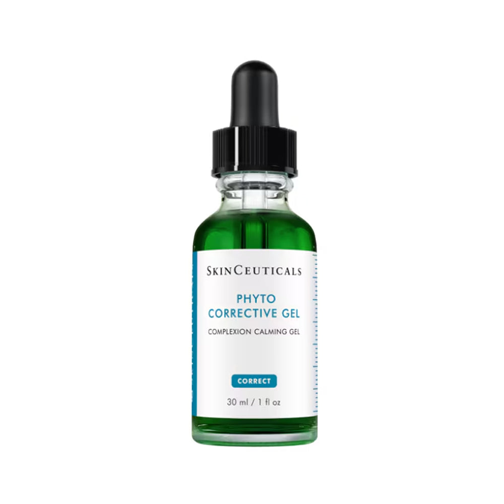 SkinCeuticals Phyto Corrective Gel Complexion Calming Gel in a 30 ml glass dropper bottle. The bottle is made of clear glass with a black dropper cap and a white label featuring blue and black text.