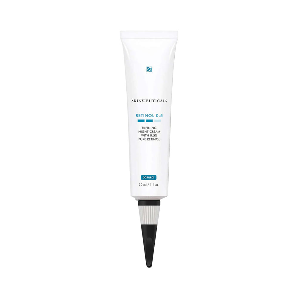 A white squeeze tube of SkinCeuticals Retinol 0.5 Refining Night Cream with a black applicator tip, centered on a plain white background.
