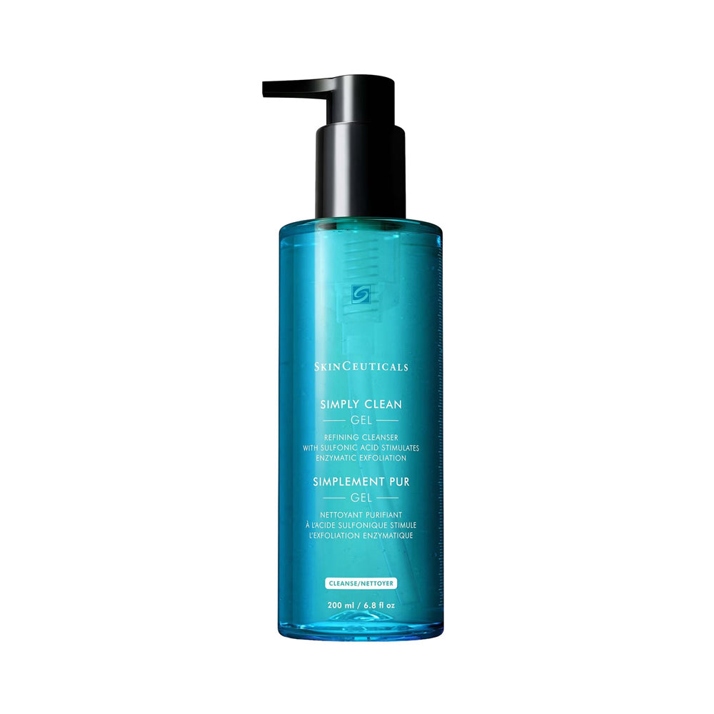 SkinCeuticals Simply Clean Gel cleansing bottle in a translucent teal blue color with a black pump dispenser, shown on a plain white background.
