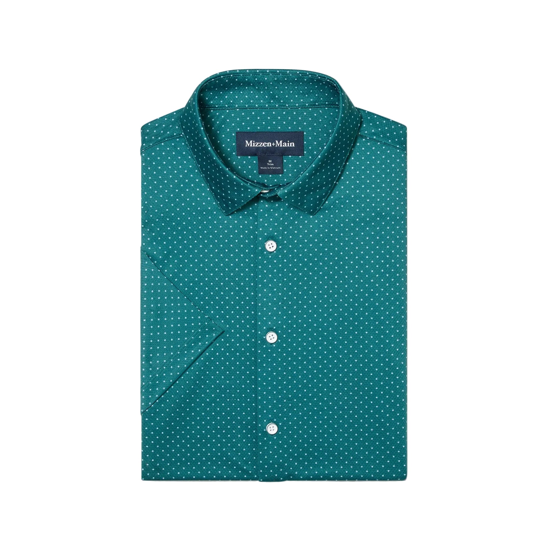 Folded Mizzen+Main Short Sleeve Dress Shirt in Dark Teal Dot, men's performance button-down shirt with a dark teal and white dot pattern.