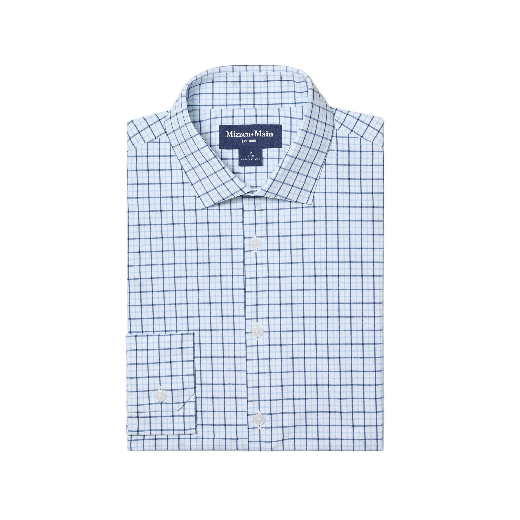 Folded Mizzen+Main Leeward Long Sleeve Dress Shirt (Trim Fit) in Cloud Blue Wyatt Plaid (light blue and white plaid), men's lightweight performance button-down shirt with four-way stretch.