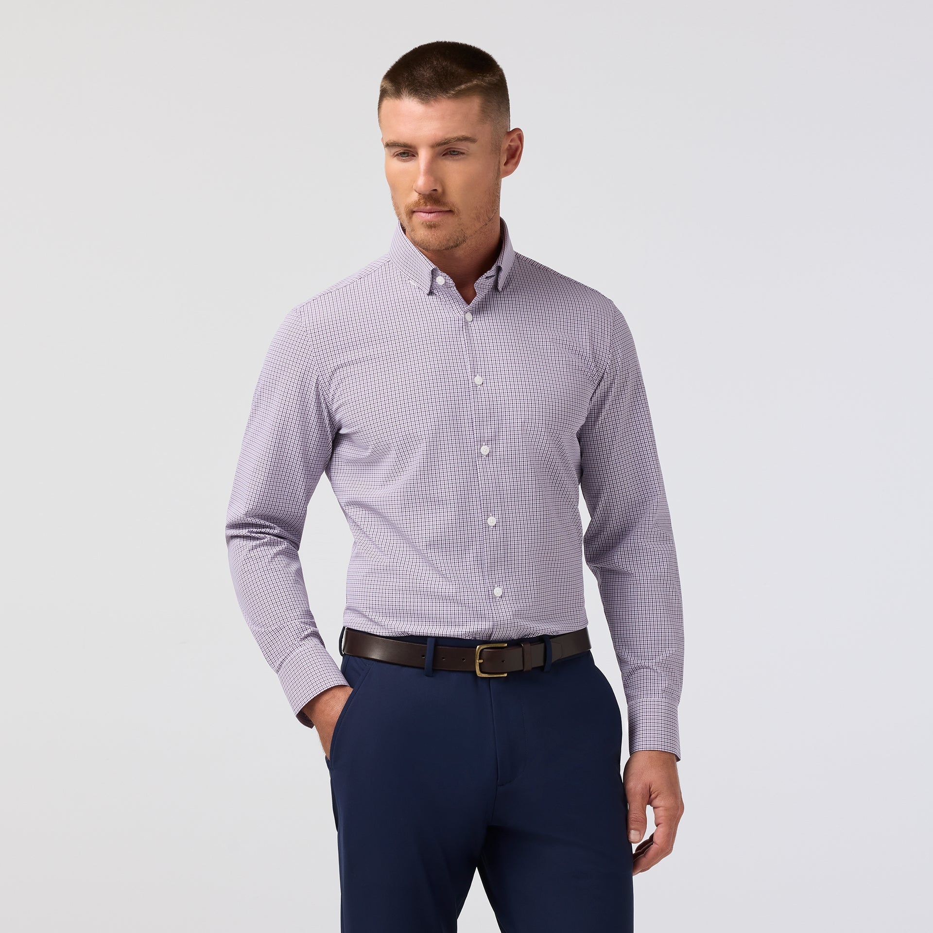 Front view of the Mizzen+Main Leeward Long Sleeve Dress Shirt (Trim Fit) in Purple Dusk Sam Plaid (soft lavender and navy plaid), highlighting the plaid pattern and spread collar.